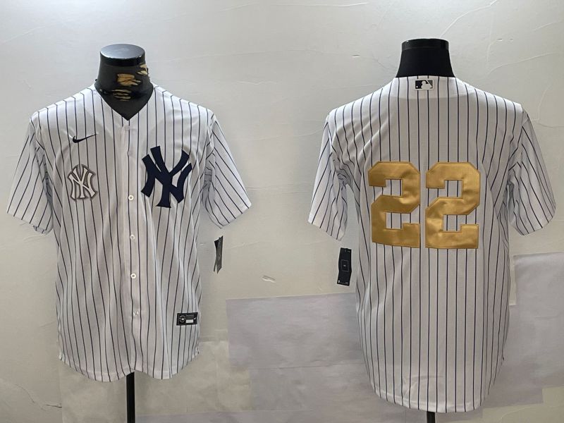 Men New York Yankees #22 Soto White Stripe Fashion Nike 2024 MLB Jersey style 12